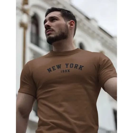 Camisa Masculina Camiseta Básica Algodão Lisa Marrom New York 199X