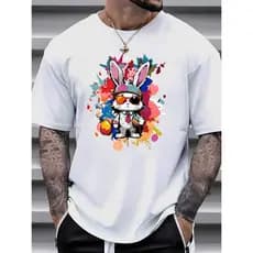 Camiseta Básica Coelho Estiloso Masculina Feminina Algodão Camisa Unissex StreetWear