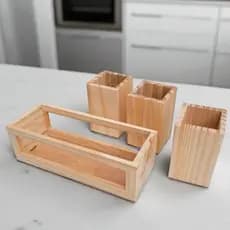 Organizador Multifuncional De Escritório Cozinha De Madeira De Porta Lápis Caneta Talher Acessórios Caixote 3 Potes