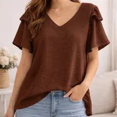 Blusa Feminina Manga Curta Fluida Decote V Linda Elegante Tecido Leve Não Amassa Confortável