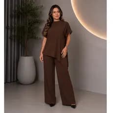 Conjunto Feminino Soltinho Blusa Assimétrica Manga Curta e Calça Reta Pantalona Moda Inverno