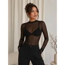 Blusa Feminina Tule Transparente Manga Longa Segunda Pele Elegante