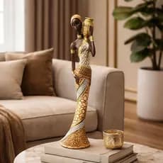 Estatueta Africana Mulher Com Jarro Decoração Étnica Moderna Gesso