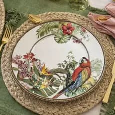 Kit 2 Pratos Rasos Tropicais Arara Floral – Prato Decorado Cerâmica Mesa Posta