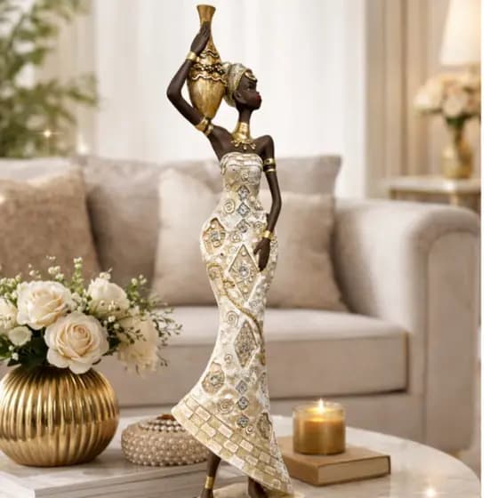 Africana Mulher Com Jarro Ombro Escultura Decoração Estátua Luiza 45cm