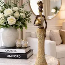 Escultura Africana Com Vaso Bolsa Decoração Elegante Em Gesso Mulher Negra Alta