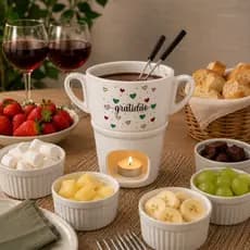 Fondue de Cerâmica “Gratidão” com Duas Alças Rechaud para Chocolate, Mesa Posta e Decoração Gourmet Aparelho