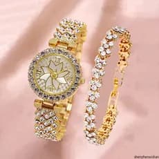 2 Pçs Moda Feminina Strass Aço Inoxidável Quartzo Watchjam tangan + gelang wanita Pulseira Relógio De Conjunto