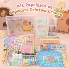 Kit Papelaria Fofa Capivara Kawaii com Caneta Lápis Marca Texto Adesivo e Bloquinho Presente Criativo