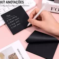 Kit Caneta Gel Branca + Bloco Notas Adesivas Preto Papel Preto Criativo Estudo Escritório