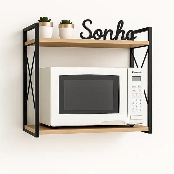 Suporte Micro-ondas Industrial Parede Ferro Madeira Reforçado Prateleira Cozinha Gourmet