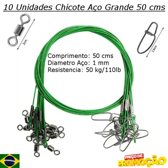 Kit 10 Chicote Leader Empate de Aço Grande 50 cms x 110 Lbs Capacidade (50Kg) com Snap e Distorcedor, para pesca