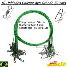 Kit 10 Chicote Leader Empate de Aço Grande 50 cms x 110 Lbs Capacidade (50Kg) com Snap e Distorcedor, para pesca