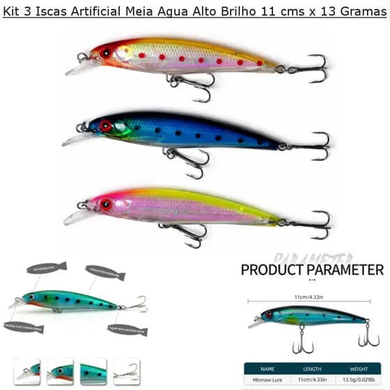 Kit 3 Iscas Artificial Meia Agua Alto Brilho 11cms x 13gramas,Ideal Para Todos Peixes Predadores
