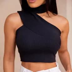 Cropped Feminino Um Ombro Só com Gola Alta Canelado Top, Justo e Moderno Forro Duplo Tendendia Top