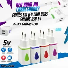Fonte Carregador em Led Com Duas Saídas USB Led 100v-240v 5v Carga Rápida 2 aparelhos ao mesmo tempo
