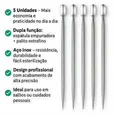Kit Espátulas Mistas Inox Palito Duplo Raspador Cutícula Profissional Manicure Precisão