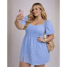 Vestido Curto Feminino Plus Size com Fenda e Manga Curta para Verão Elegante Casual