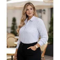 Camisa Feminina Plus Size Manga Longa Social Listrada Elegante Casual Moderna Estilosa