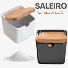 Saleiro Porta Sal Condimento Açucareiro Cerâmica com Tampa de Bambu Colher