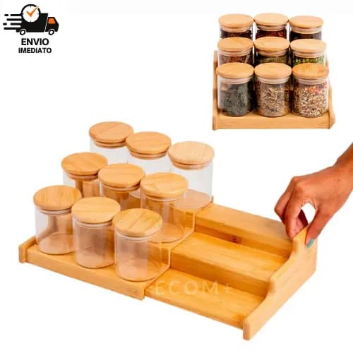 Kit 5/10 Potes Herméticos de Vidro com Tampa de Bambu 250ml Tempero Mantimento Rack a parte