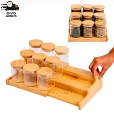 Kit 5/10 Potes Herméticos de Vidro com Tampa de Bambu 250ml Tempero Mantimento Rack a parte
