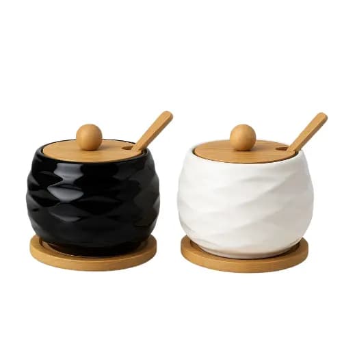 Saleiro Porta Sal Porcelana Açucareiro de Mesa Com Tampa Bandeja Colher de Bambu