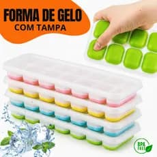 Formas de Gelo Silicone Com Tampa Rígida Flexível Fundo Retangular 14 Cubos Multiuso