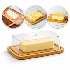 Manteigueira de Bambu e Tampa Acrílica Transparente Porta Manteiga para Frios Queijo Multiuso