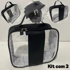 Kit com 3 Necessaire Transparente Feminina Maquiagem Viagem Praia Cor Preto
