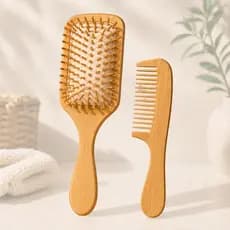 Kit Escova Cabelo Quadrada e Pente Bambu Antifrizz Desembaraça Sem danificar