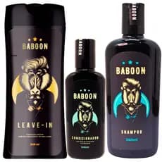 KIT SHAMPOO CONDICIONADOR LEAVE IN PARA CABELO BABOON LIM PEZA HIDRATAÇÃO