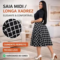 Saia Godê Midi Xadrez Rodada Retrô Vintage Moda Feminina Elegante Cintura Alta