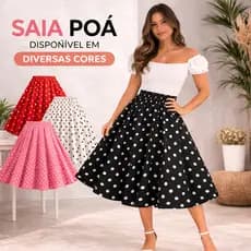 SAIA DE BOLINHA MIDI ANOS 60 RETRÔ FEMININO VINTAGE RODADA ELEGANTE POÁ SOCIAL CASUAL