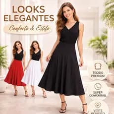 Saia Midi Suplex Lisa Feminina Cintura Alta Rodada Evase Casual Confortável Elegante