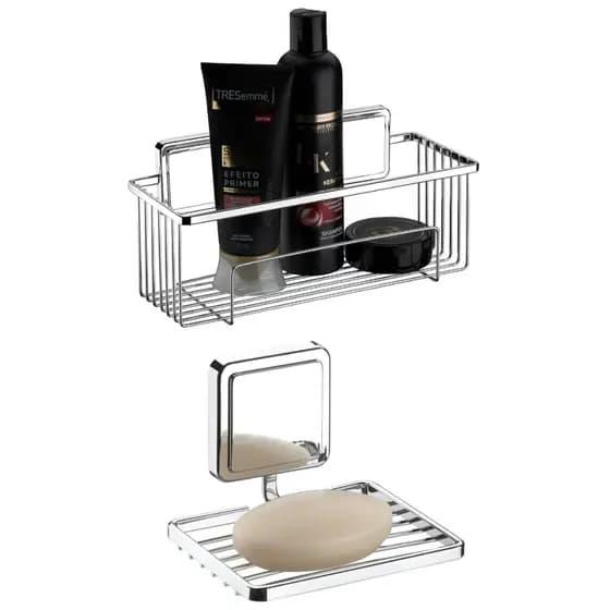 Kit Acessório Banheiro Saboneteira Porta Shampoo Com Adesivo