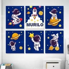 Kit 3-6 Quadros Decorativos Astronauta para Decoração de Quarto Menino Infantil