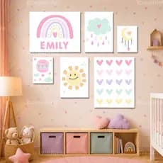 Kit de 6 Quadros Decorativos Boho Minimalista Arco Iris Sol Lua para Decoração de Quarto Infantil Juvenil