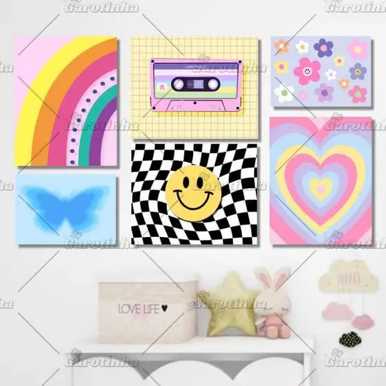 Kit 6 Quadros Decorativos Pinterest Kawaii VSCO Aesthetic *MOLDURA IMPRESSSA* para Decoração de Quarto Parede Casa