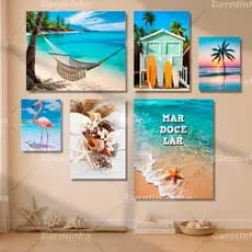 Kit de 6 Quadros Decorativos Praia Mar Verão Estrela do Mar Conchas Sol para Decoração de Quarto Parede Casa de Praia