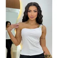 Regata Feminina Tricot Um ombro Só Detalhe em FivelaTricô Moda Verão