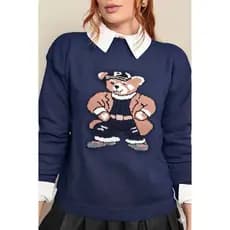 Suéter Blusa Ursinho Feminina Tricô Moda Inverno Tricot Manga Longa Barra Canelada Gola Redonda