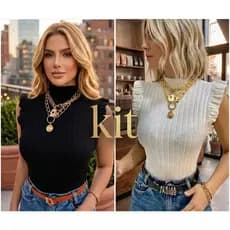 Kit 2 Blusa Feminina Suplex Manga Curta Tricot Gola Alta Garrafinha Babado Moda Tendência Estações