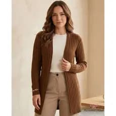 Cardigan Feminino Tricot Casaco Longo Sobretudo Manga Longa Canelado Elegante Kimono Moda Inverno