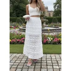 Saia Longa Tule Renda Tricot Feminina Moda Evangélica Cós Alto Forro Crochê Premium