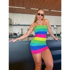 Vestido Virginia Listrado Tricô Modal Tendência Verão Colorido Feminino Carnaval Tubinho Caia Praia