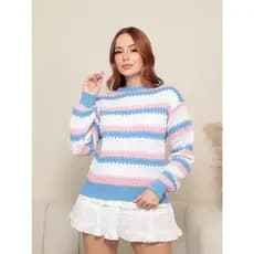 Blusa de Frio Feminina Tricot Manga Longa Canelada Listrada Gola Redonda Tricô Moda Inverno