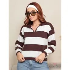 Blusa Listrada Feminina Tricot Manga Longa Decote V Gola Polo Tricô Moda Inverno Tendência Blogueira
