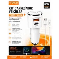Carregador Veicular 60W H’Maston Turbo USB Tipo-C PD QC3.0 Carga Rápida Carro