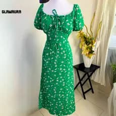 Vestido feminino Longo Verão Glamaura Floral Dividido na Coxa de Linha A com Manga Bufante Soltinho